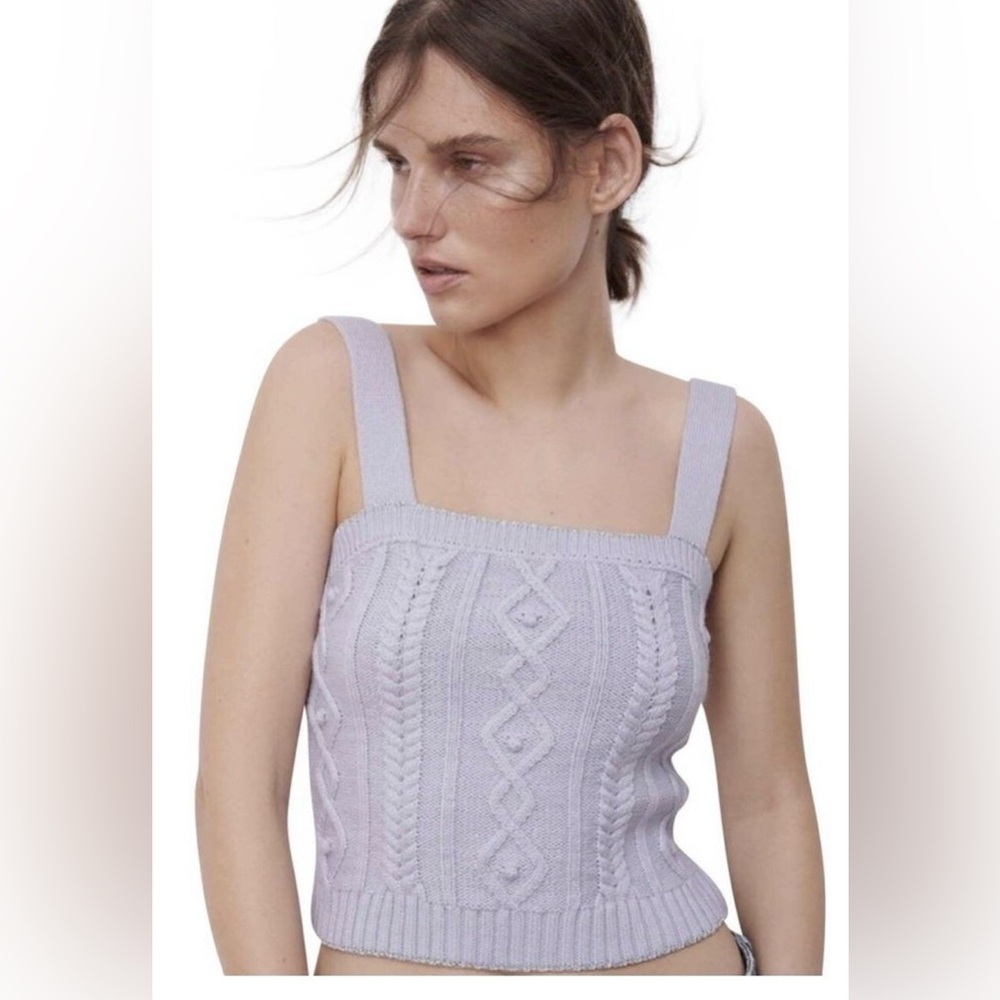 Zara Lavender Cable Knit Cropped Metallic Trim Tank Top